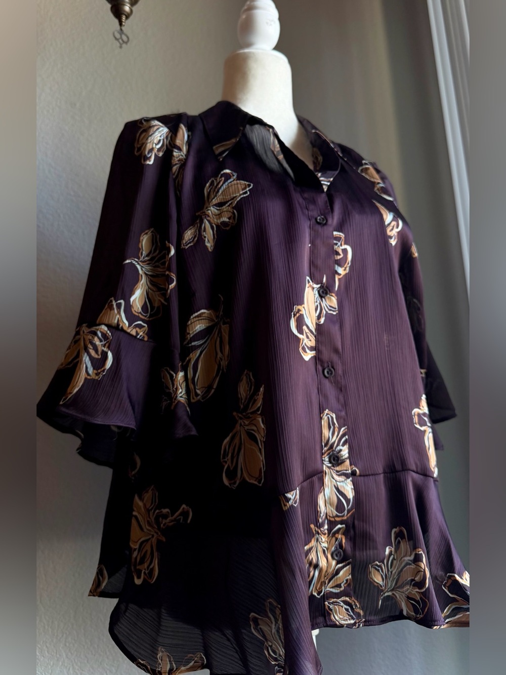 Nine West Plum Floral Bell Sleeve Button-Down Blouse Romantic Sheer XL